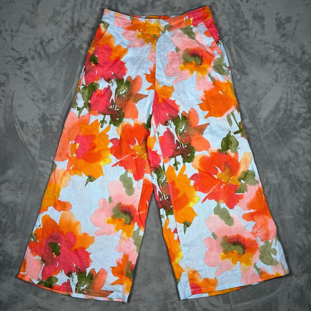 Joie 100% Linen Floral Culotte Wide Leg Cropped Pants Women’s Size M Pull On